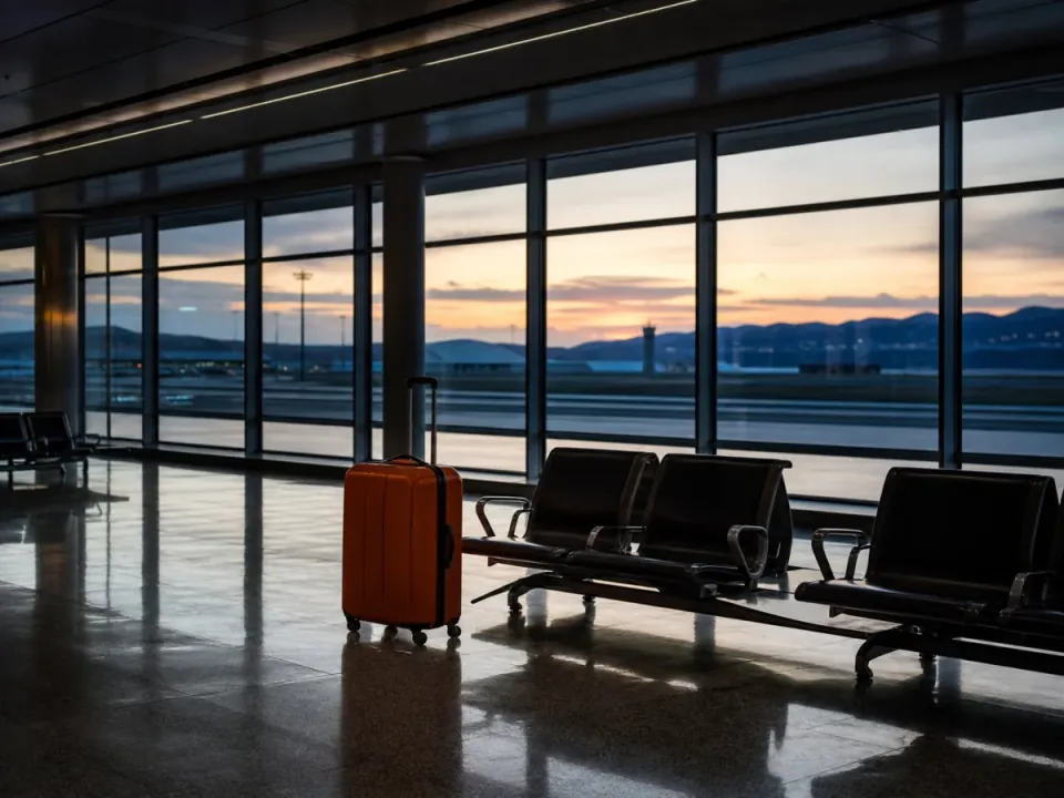 Quiet airport hall at sunrise with an orange suitcase near empty seats